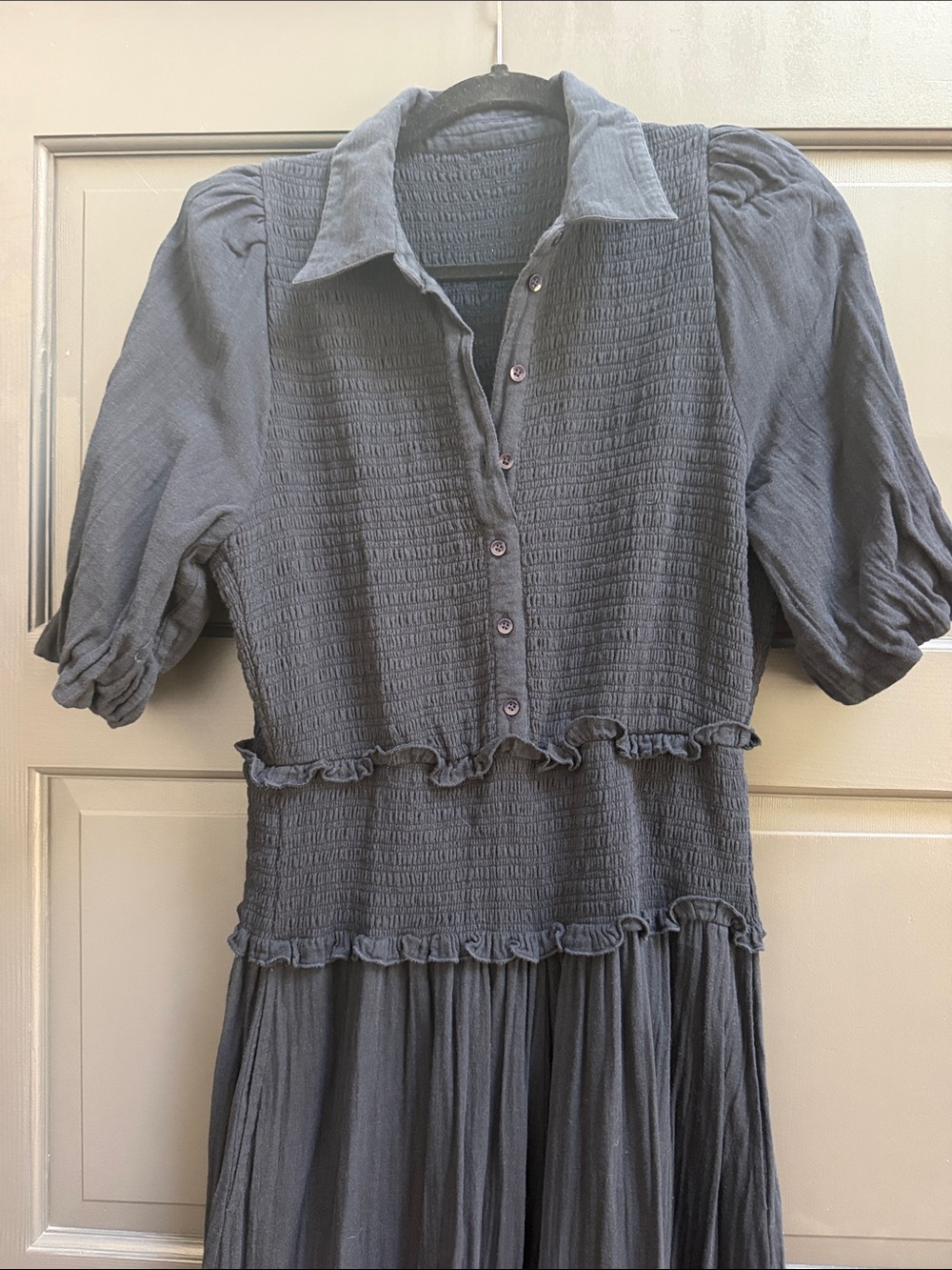 ME+EM Navy Smocked Cotton Puff Sleeve Ruffle Cheesecloth Shirred Maxi Dress 8 - Picture 3 of 6